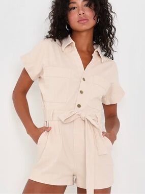 Everyday Energy Beige Collared Belted Short Sleeve Romper - Lulus